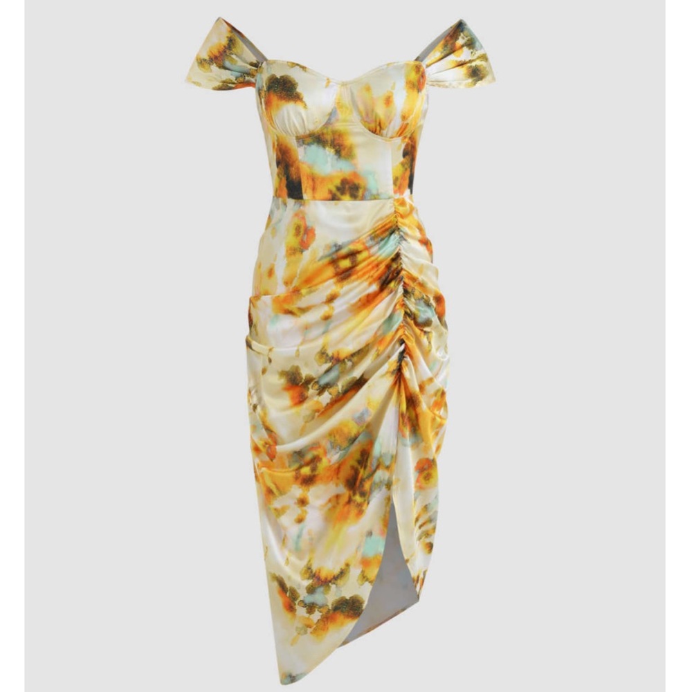 Off- the-Shoulder Watercolor Midi Dress, Size S